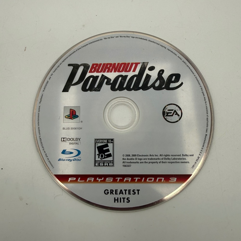 EA Burnout Paradise PS3 Silver Good Greatest Hits Racing Game Disc